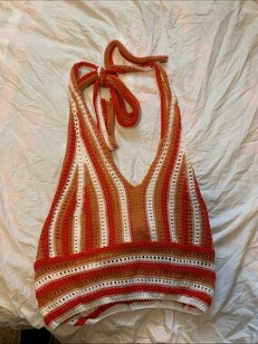 SHEIN Striped Crochet Halter Top in Orange, White & Tan